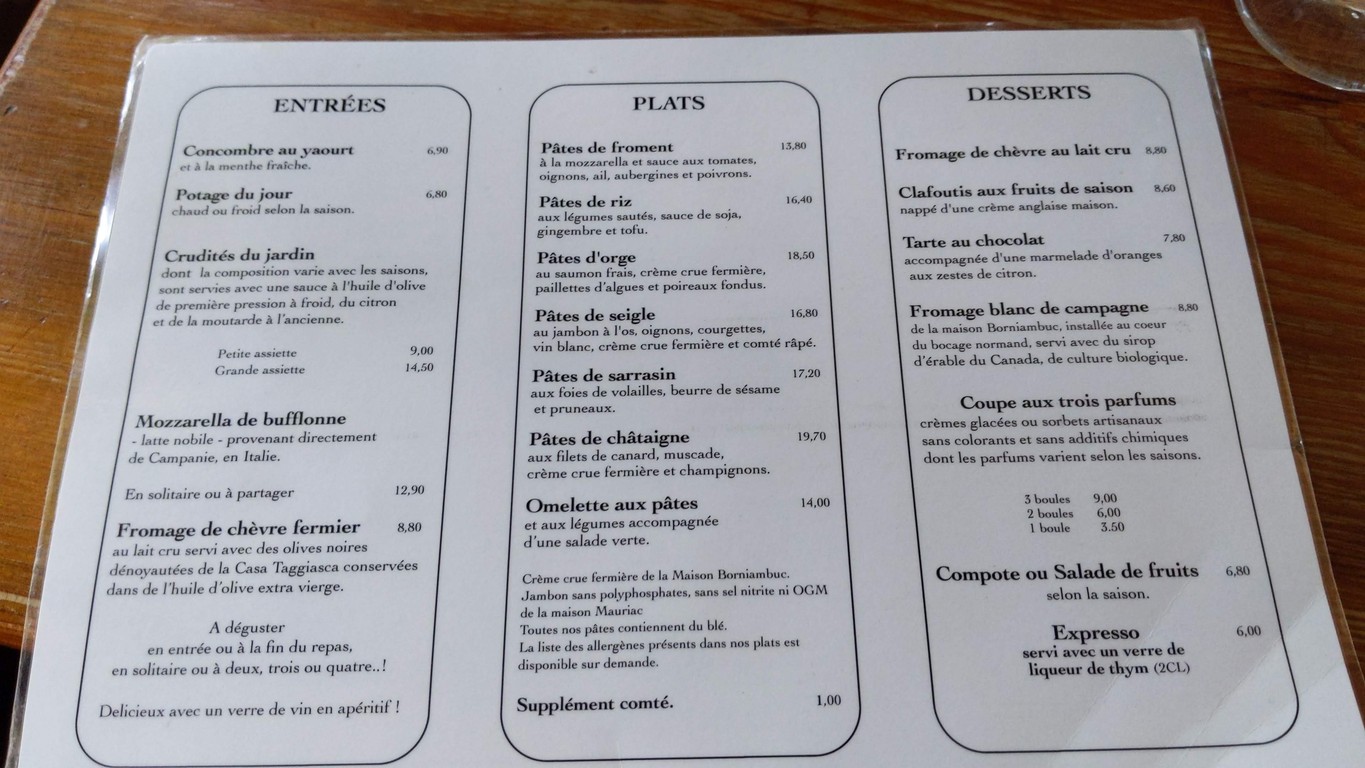 Le Jardin des Pâtes menu 1