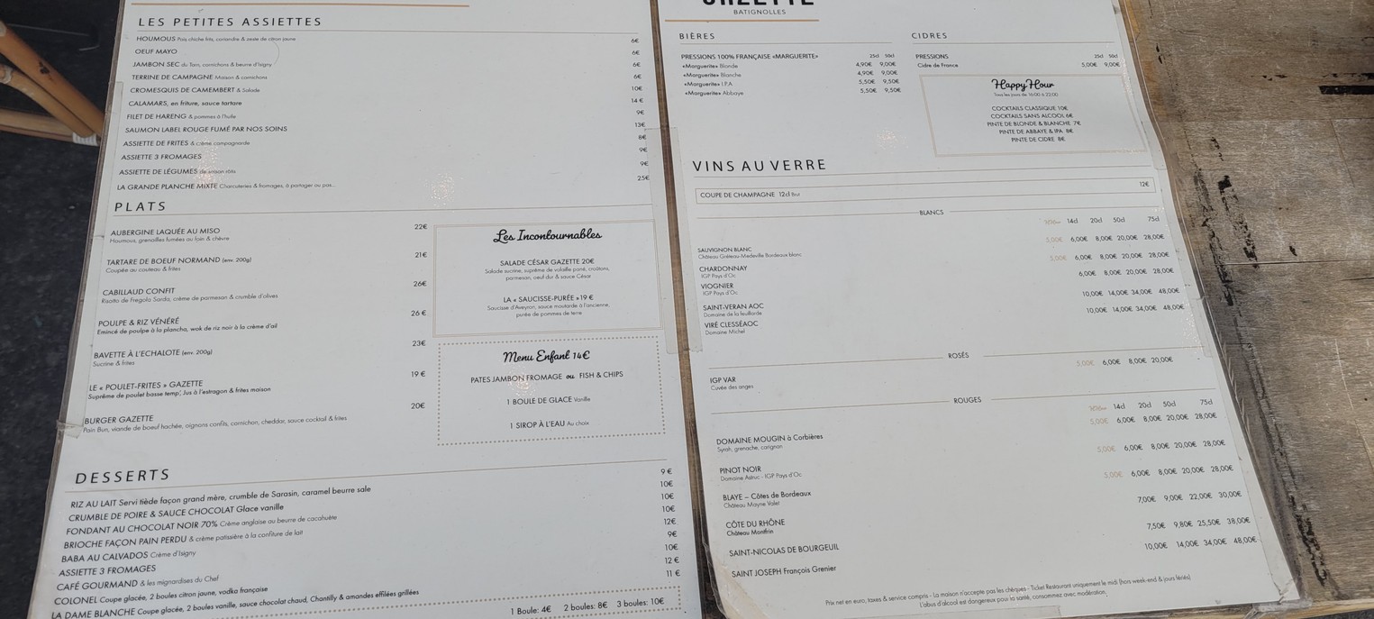 La Gazette Batignolles menu 1
