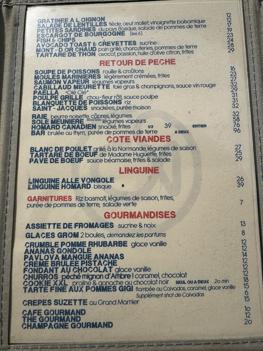Huguette, Bistro de la mer menu 2