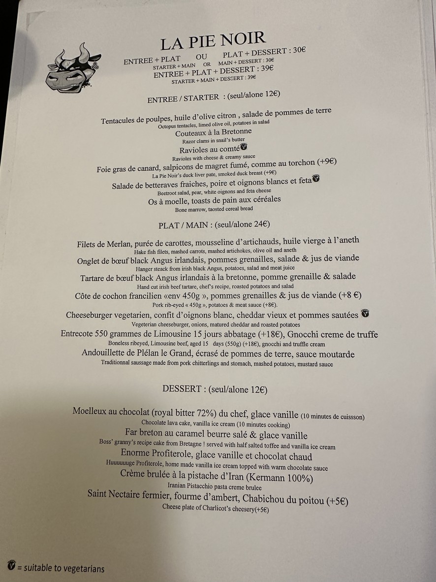 La Pie Noir menu 1