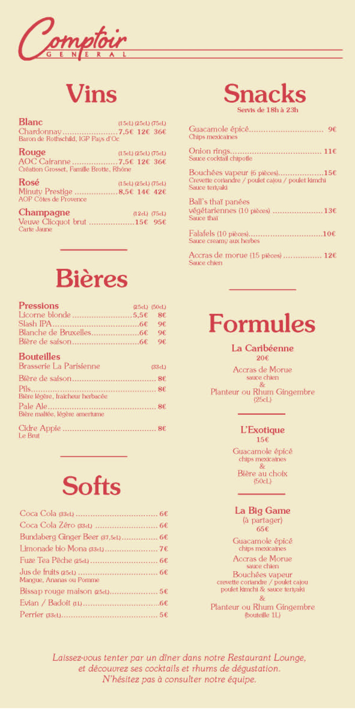 Le Comptoir Général menu 1