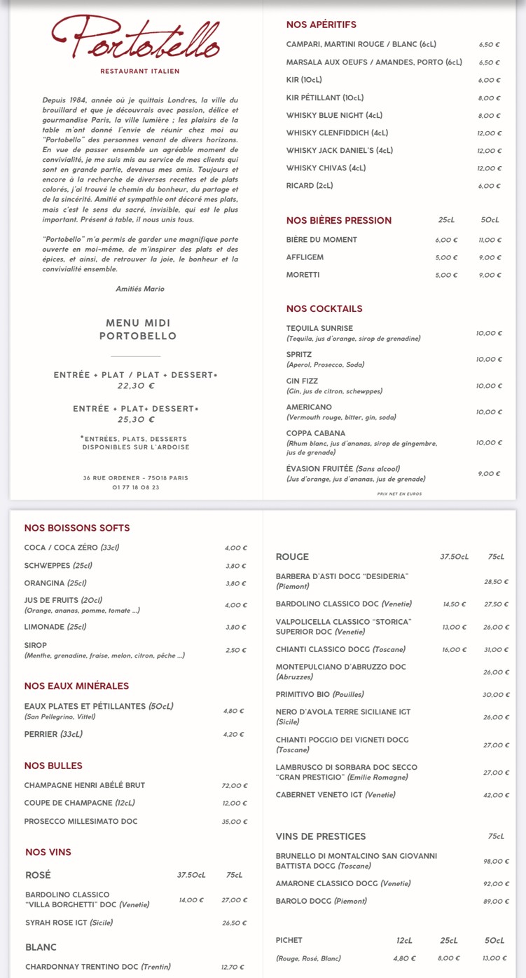 PORTOBELLO - Restaurant Italien Paris menu 1