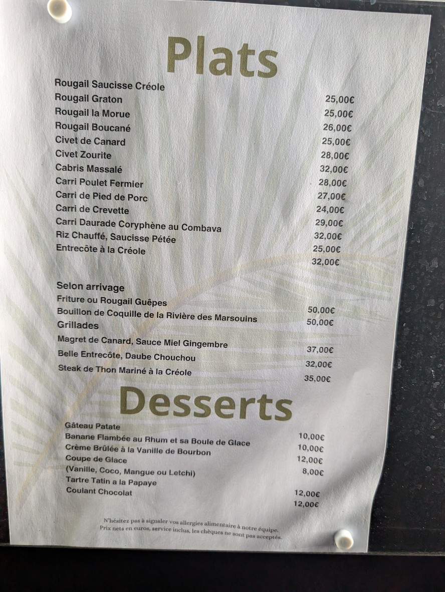Restaurant Réunionnais Le Palmiste Rrouge menu 2