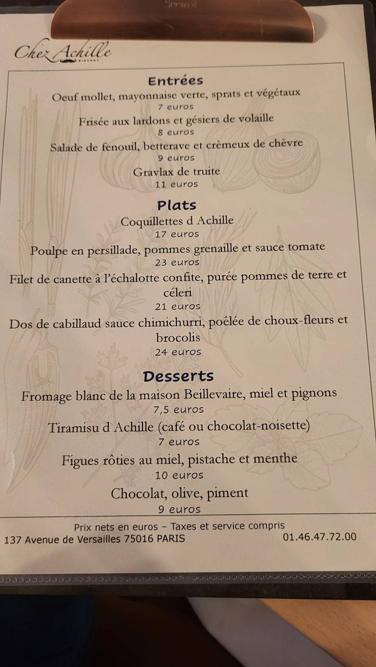 Chez Achille menu 1