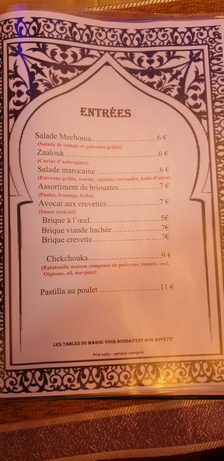 Restaurant Les Tables du Maroc menu 1