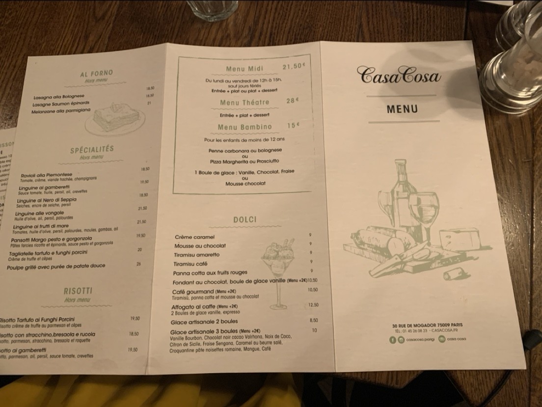 CASA COSA menu 1