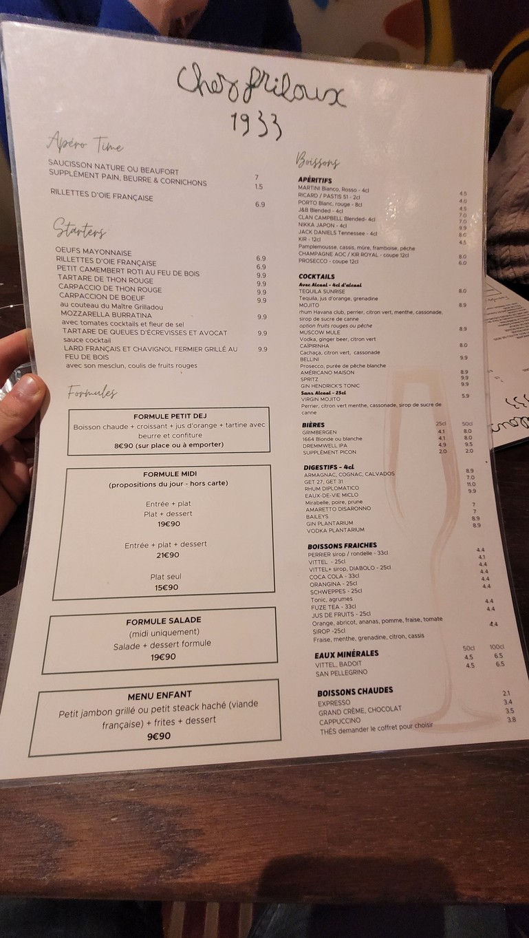 Chez Friloux 1933 menu 1