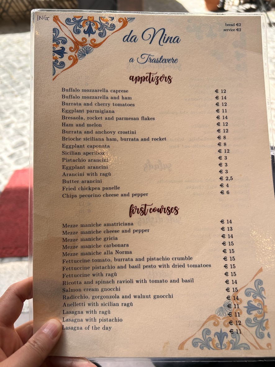 Da Nina a Trastevere menu 1