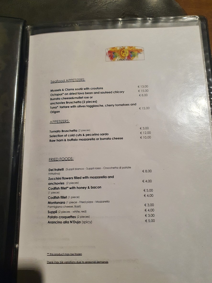 I Fratelli, Restaurant Pizzería menu 1