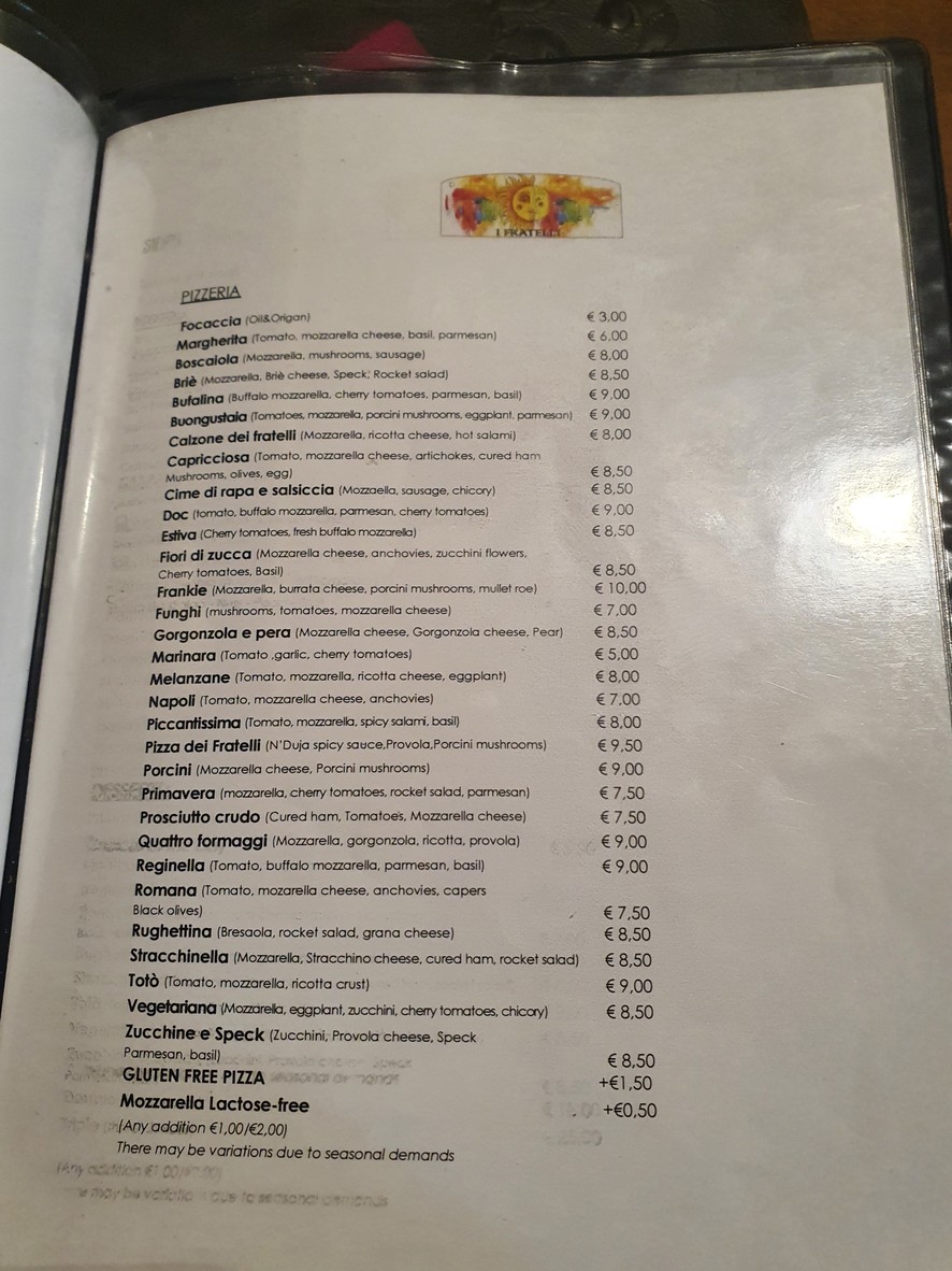 I Fratelli, Restaurant Pizzería menu 2
