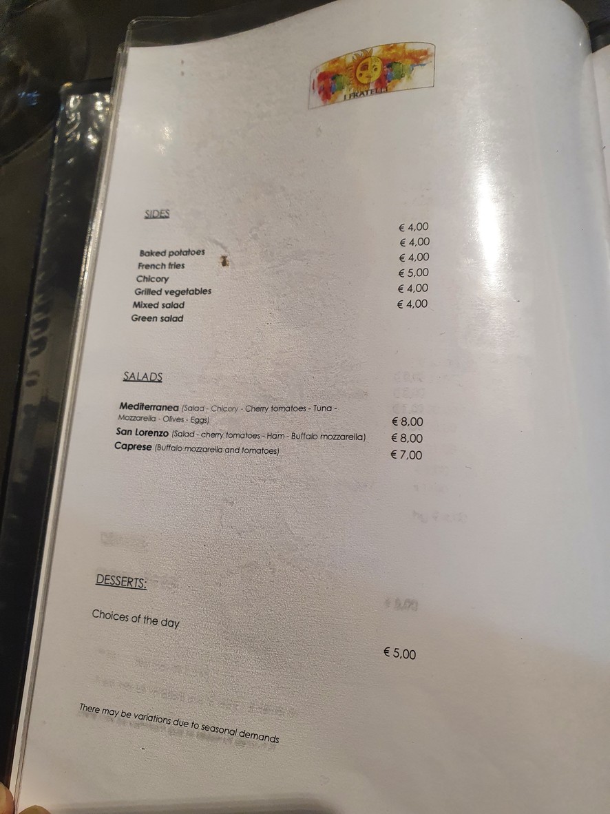 I Fratelli, Restaurant Pizzería menu 3