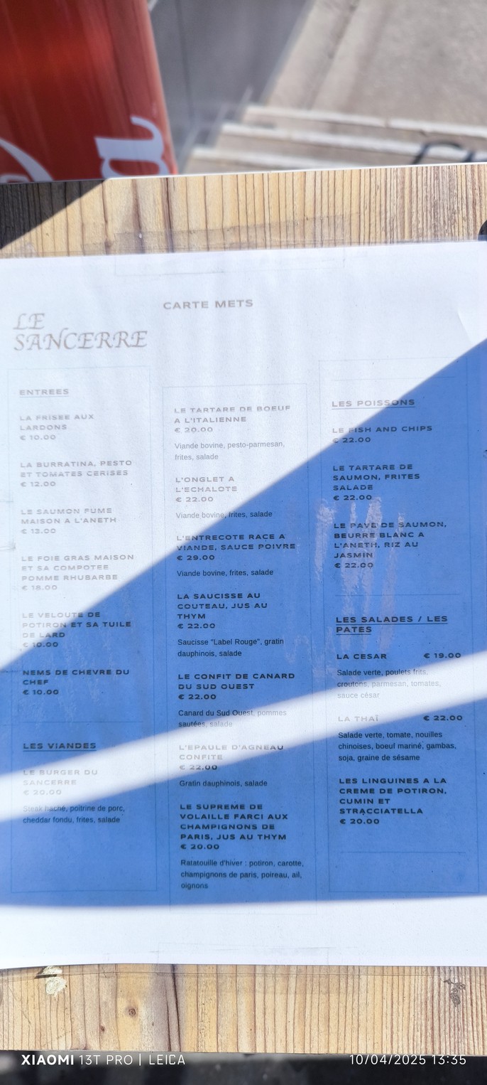 Le Sancerre menu 1