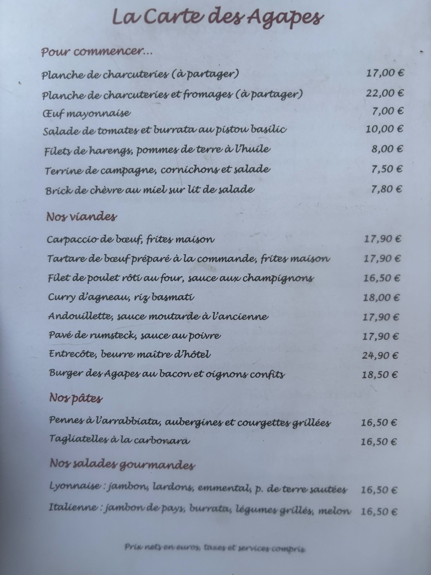Les Agapes menu 1