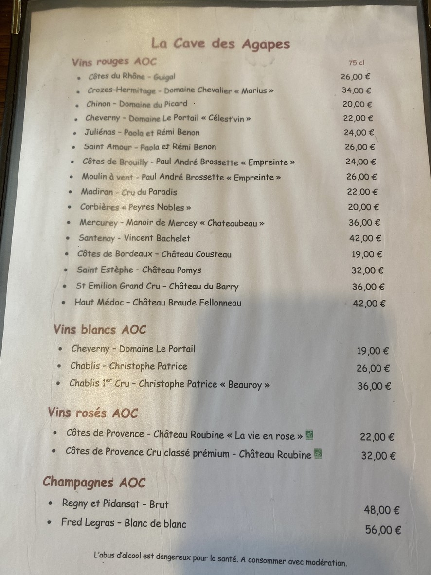 Les Agapes menu 2