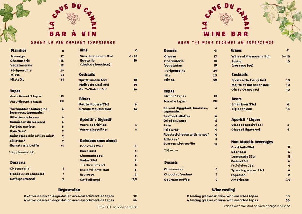La Cave du Canal, Cave et Bar à Vin menu 1