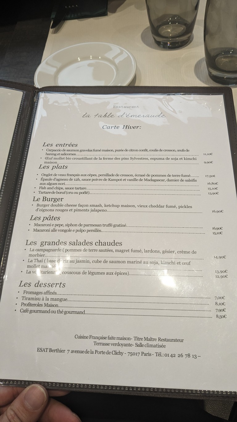 La Table d'Émeraude menu 2