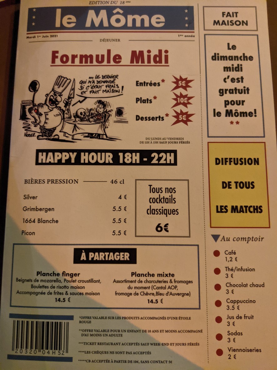Le Môme du 18 menu 1