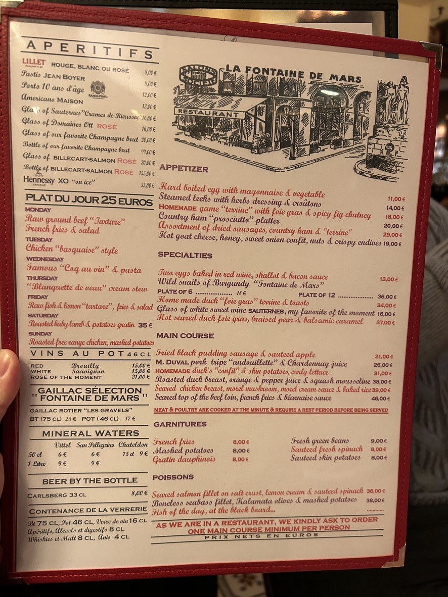 La Fontaine de Mars menu 1