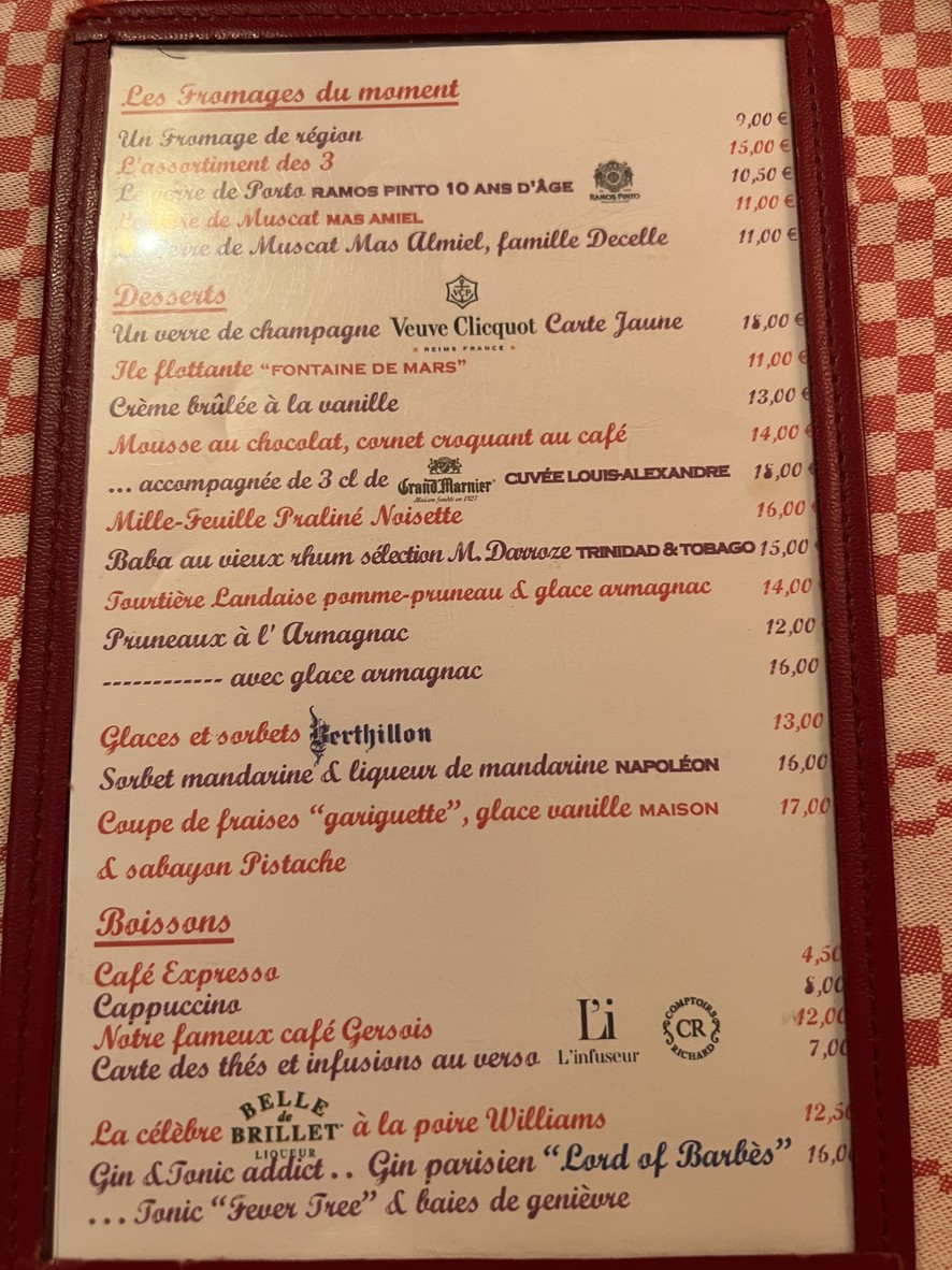 La Fontaine de Mars menu 2
