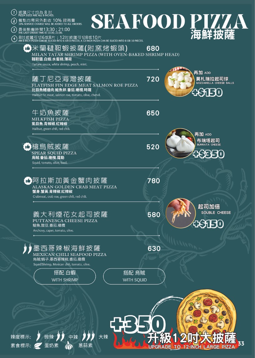 Yìdàlì Mǐlán Shǒugōng Yáokǎo Pīsà Táiběi Zhōngshān Diàn menu 3