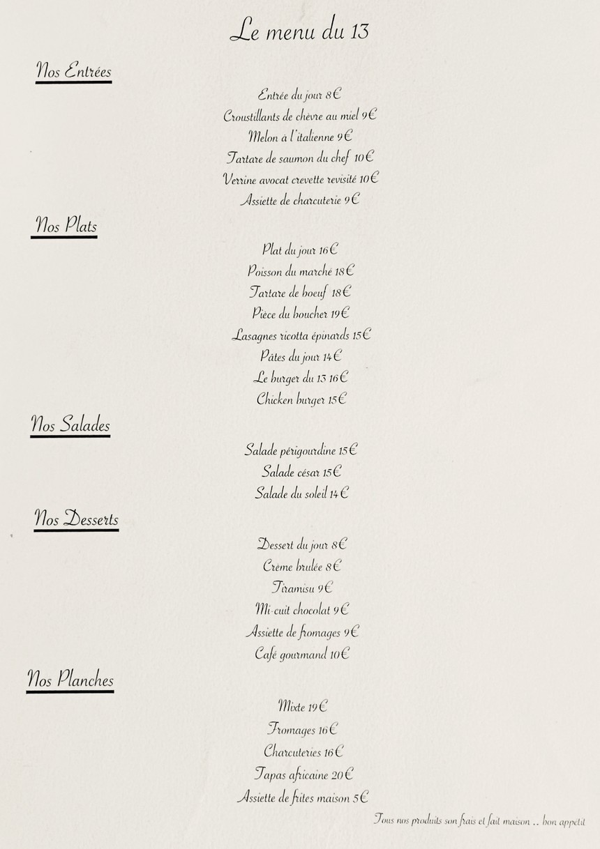 Le Numéro 13 menu 1