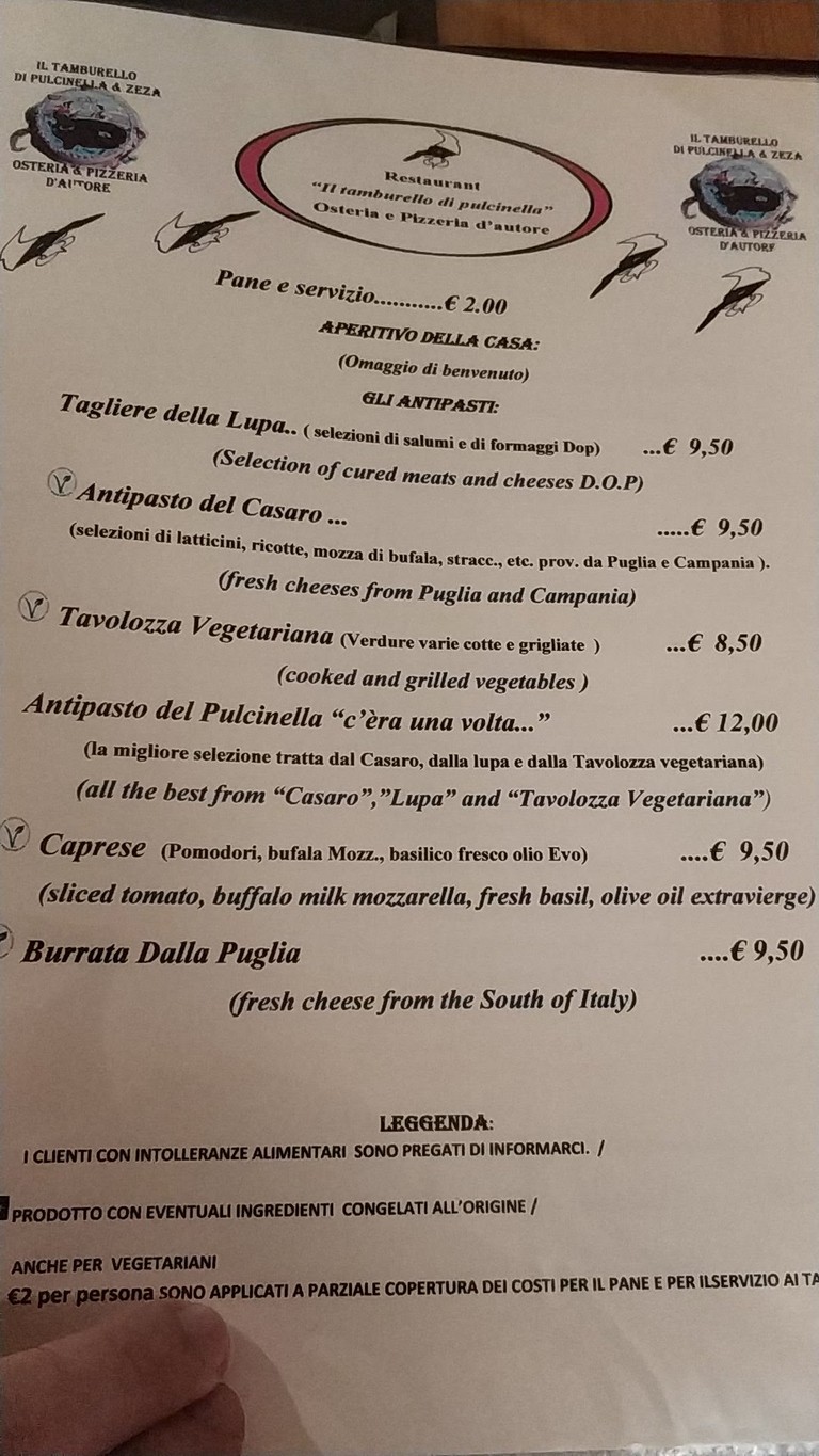 Il Tamburello di Pulcinella menu 1