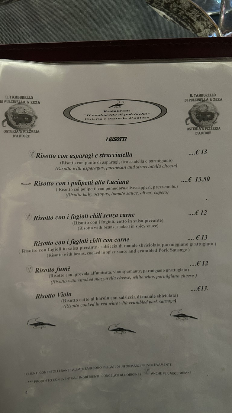 Il Tamburello di Pulcinella menu 3