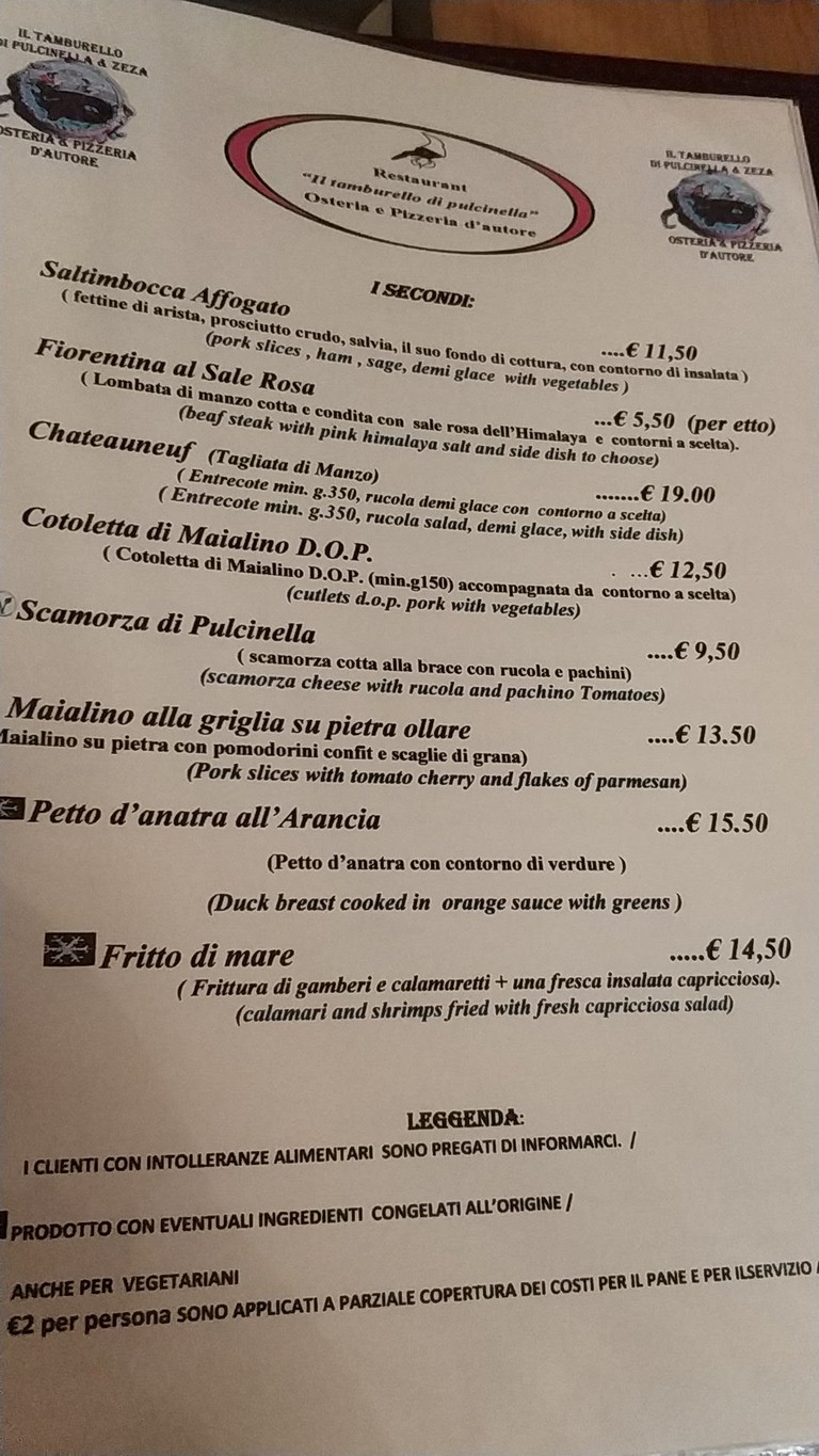 Il Tamburello di Pulcinella menu 5