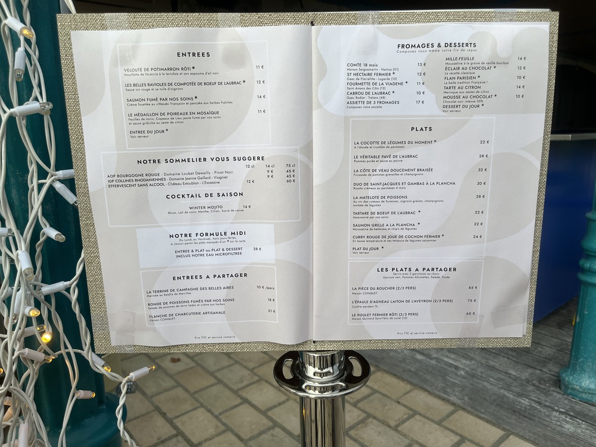 Les Belles Aires menu 1