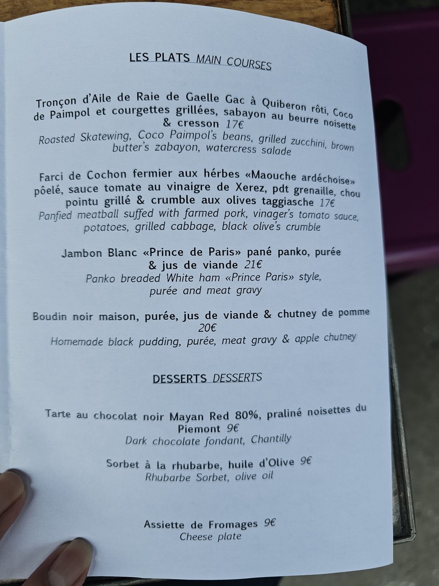 Le Verre Volé menu 1