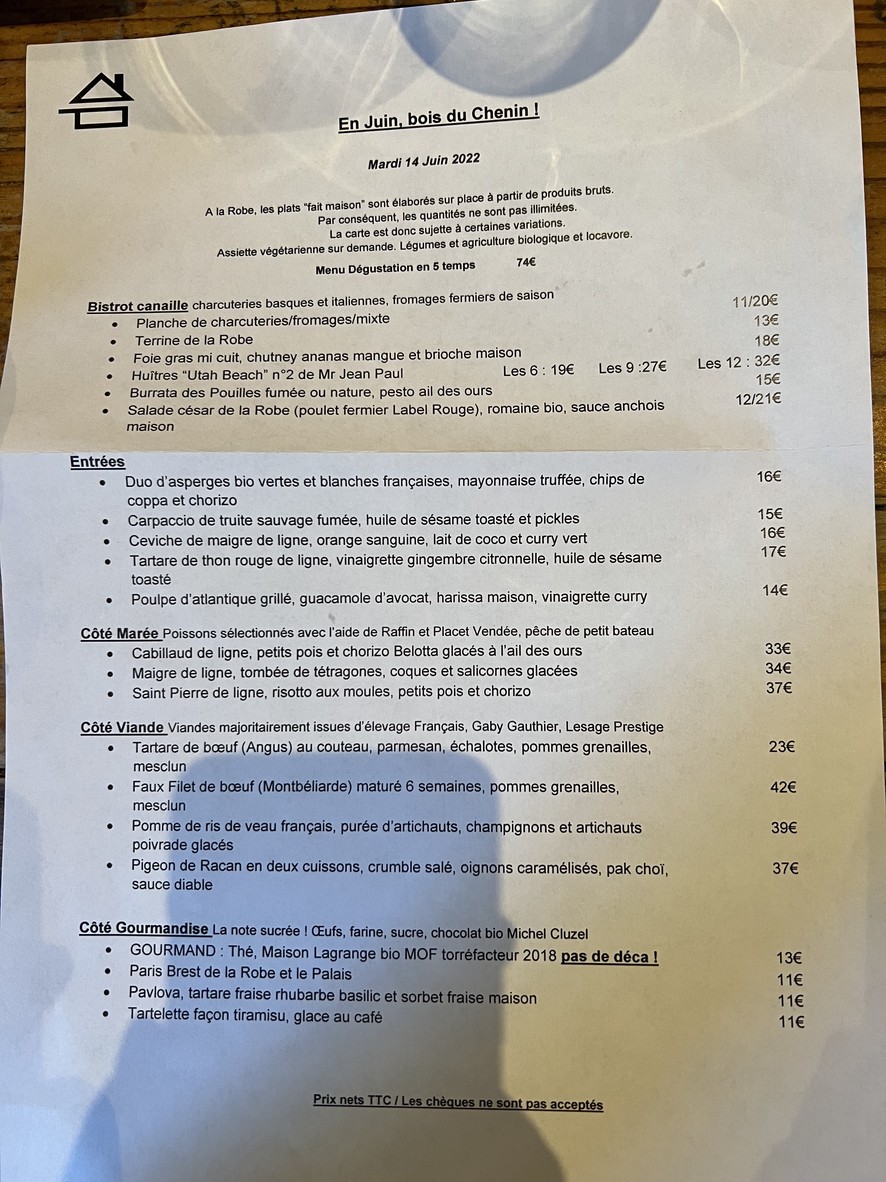 La Robe et Le Palais menu 1
