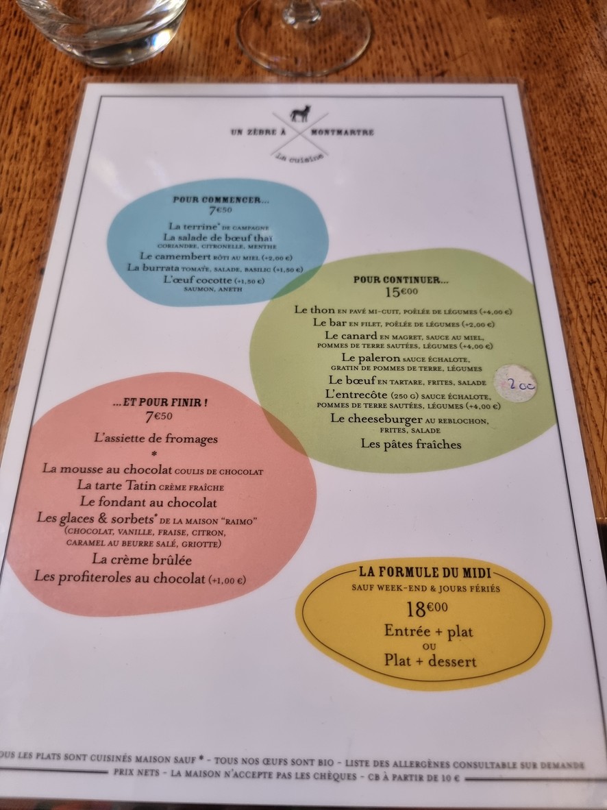 Un Zèbre à Montmartre menu 2