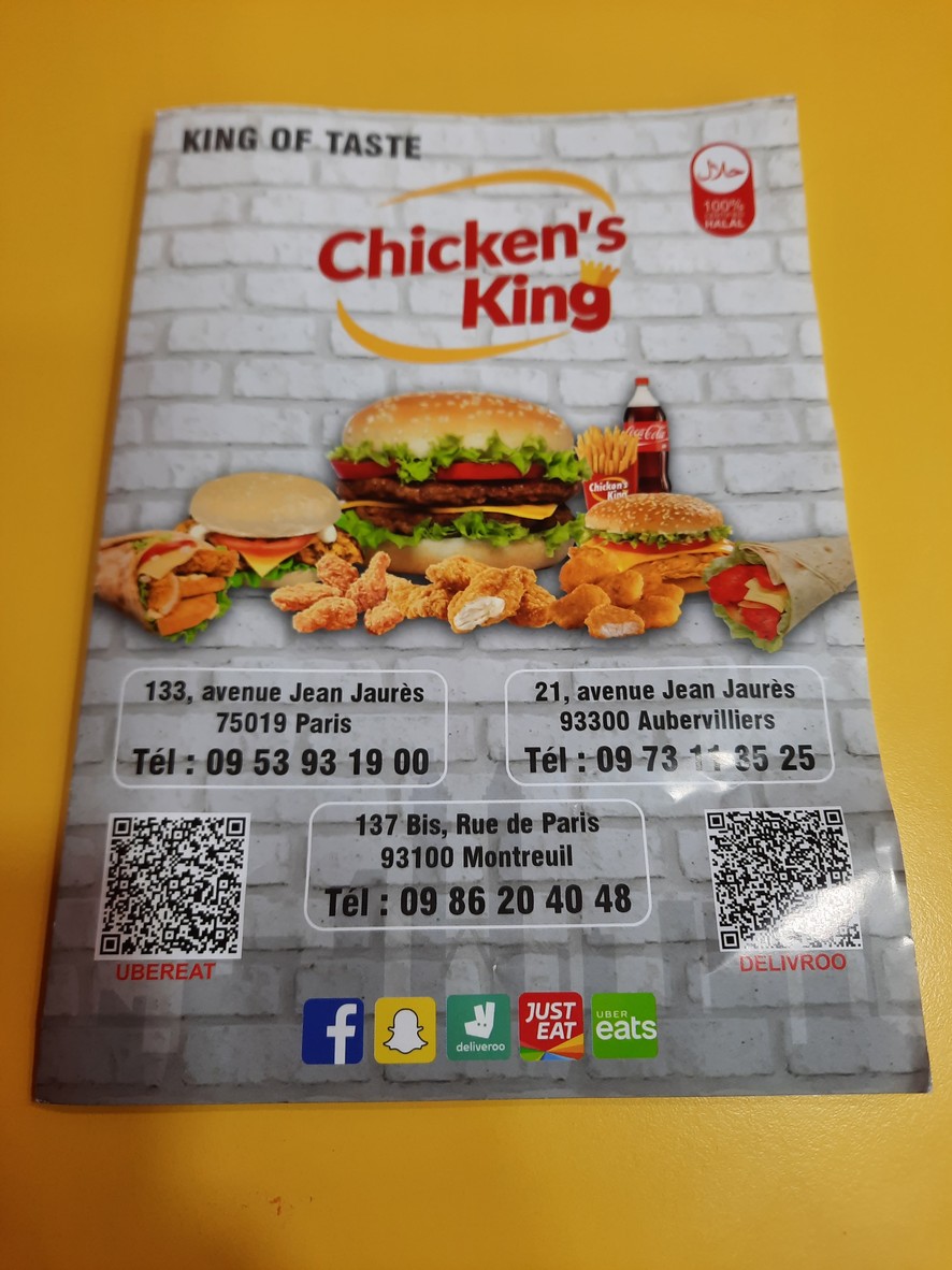 Chicken's King paris 19eme menu 1