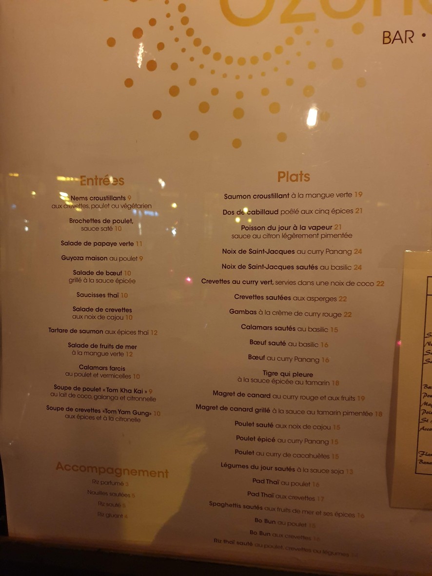 Ozone Restaurant Thaï menu 2
