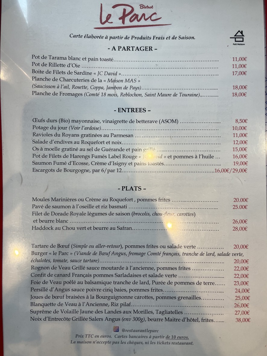 Bistrot Le Parc - Boulogne-Billancourt menu 1