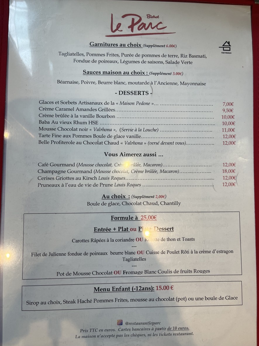 Bistrot Le Parc - Boulogne-Billancourt menu 2