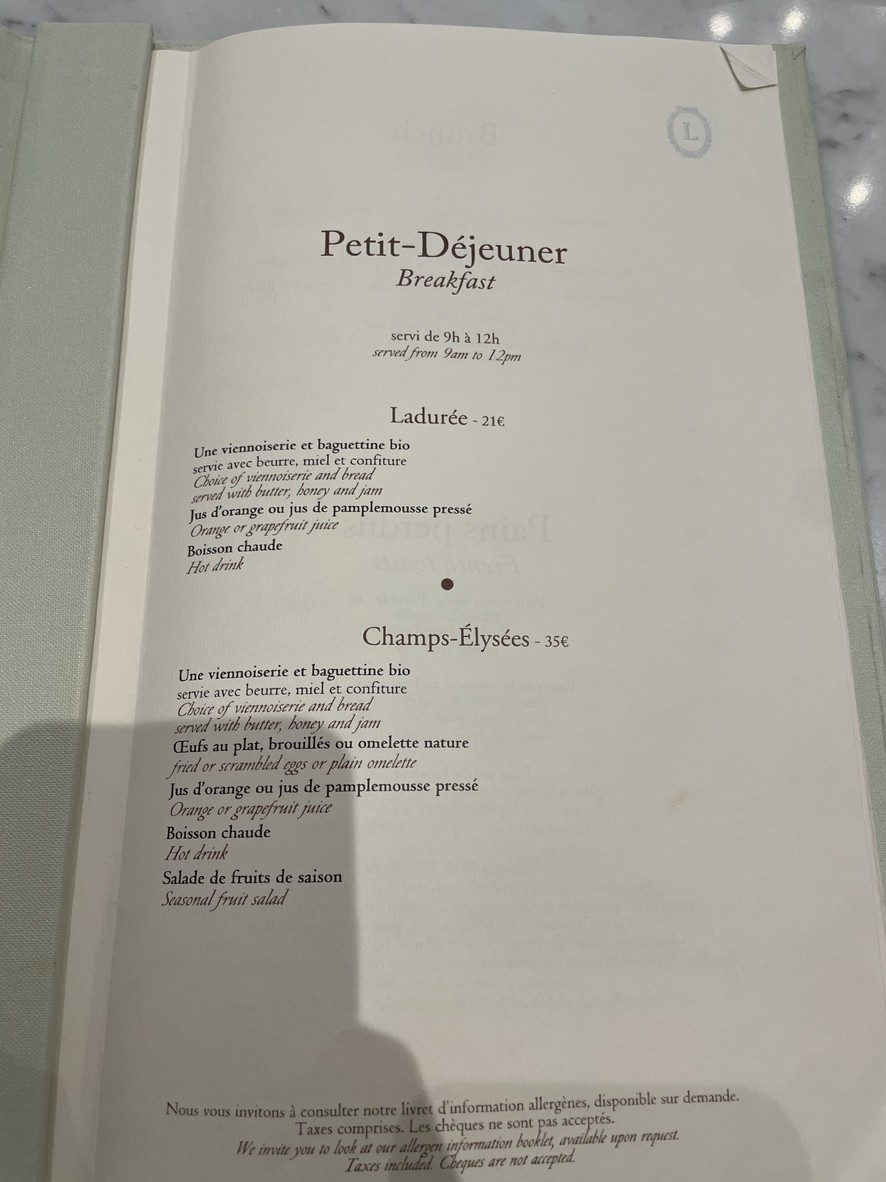 Ladurée Victor Hugo menu 1