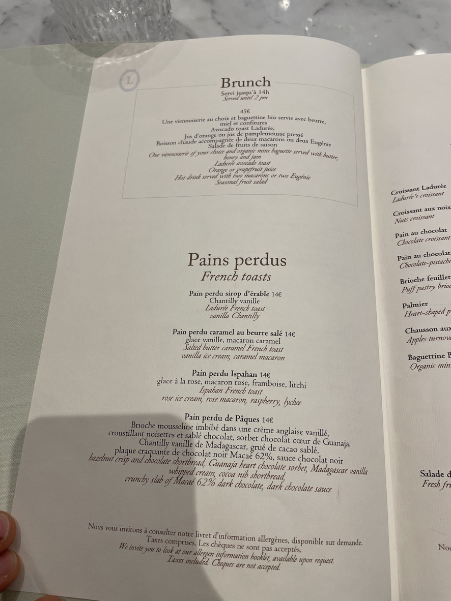 Ladurée Victor Hugo menu 2