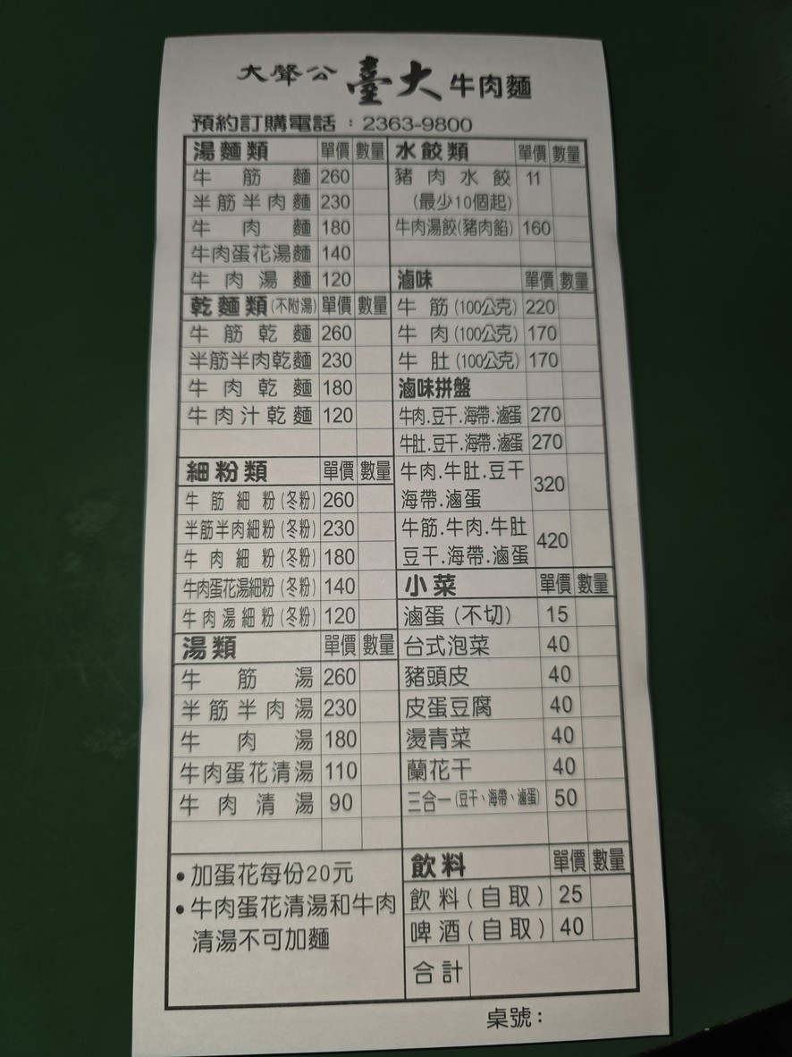 Dàshēnggōng Táidà Niúròu Miàn Diàn menu 1