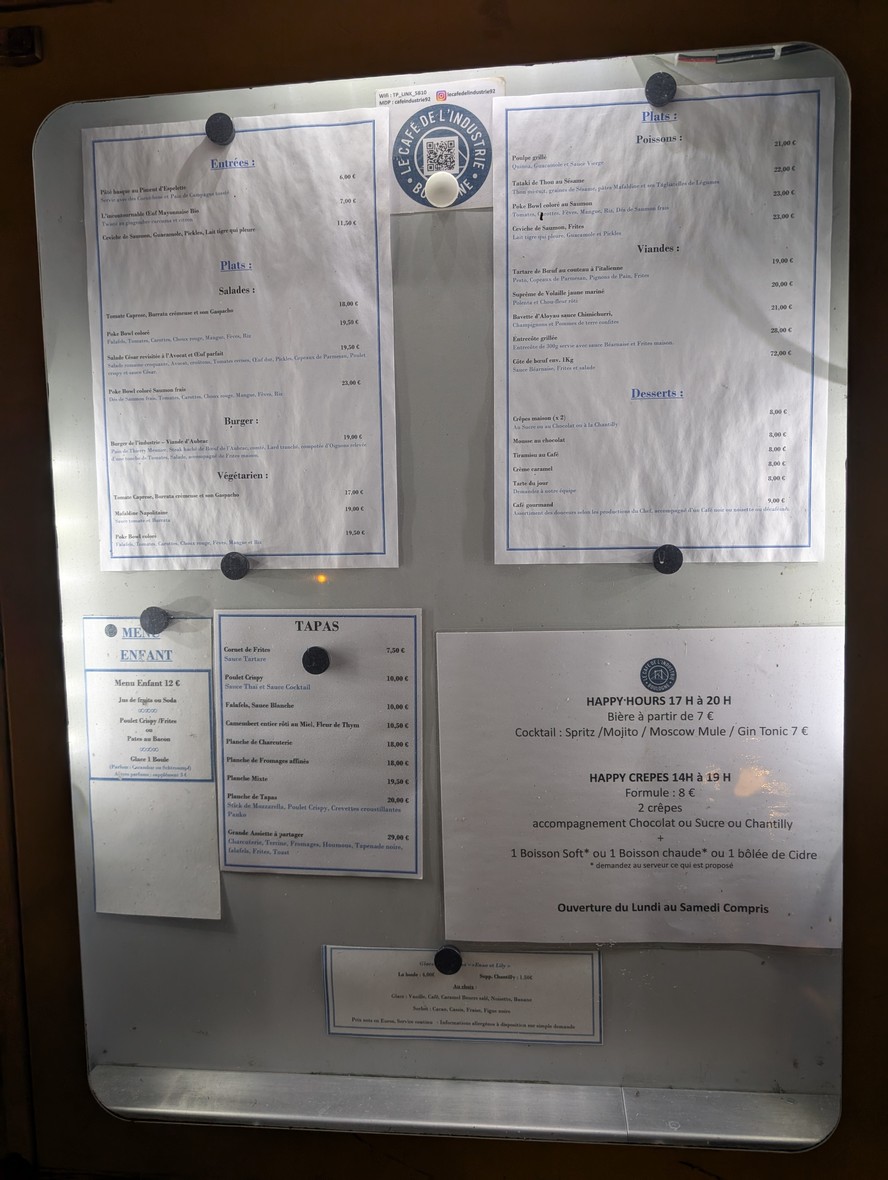 Café de L'Industrie Boulogne-Billancourt menu 1