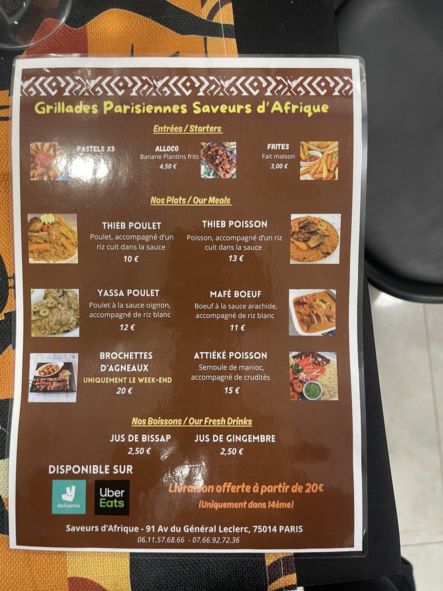 La Grillade Parisienne aux Saveurs d'Afrique menu 1