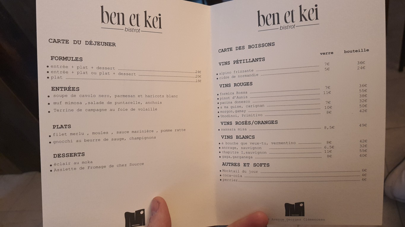 Bistrot ben et kei menu 1