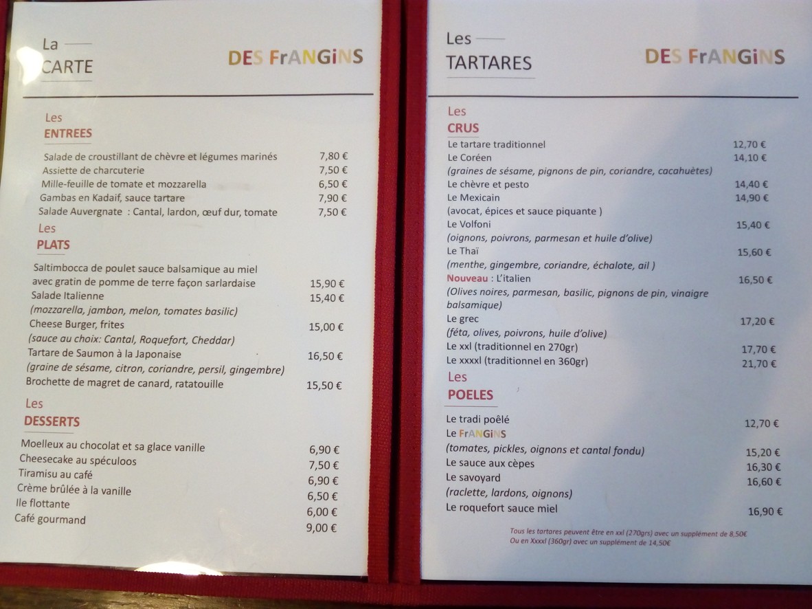 Les Frangins menu 1