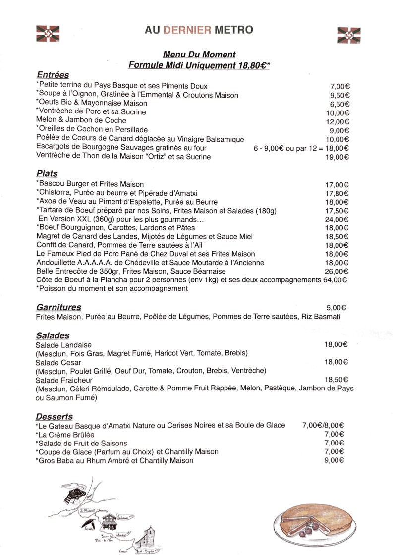 Au Dernier Métro menu 1