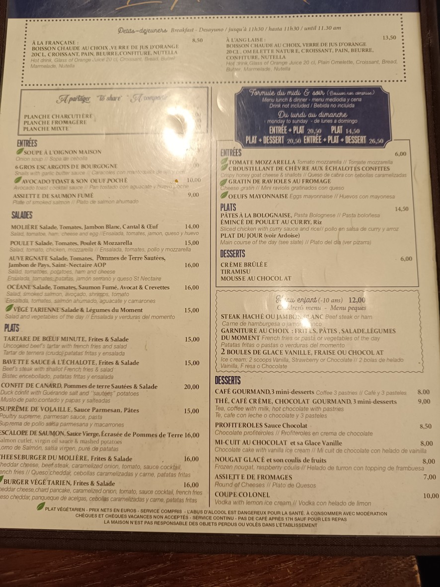 Restaurant le Molière menu 1