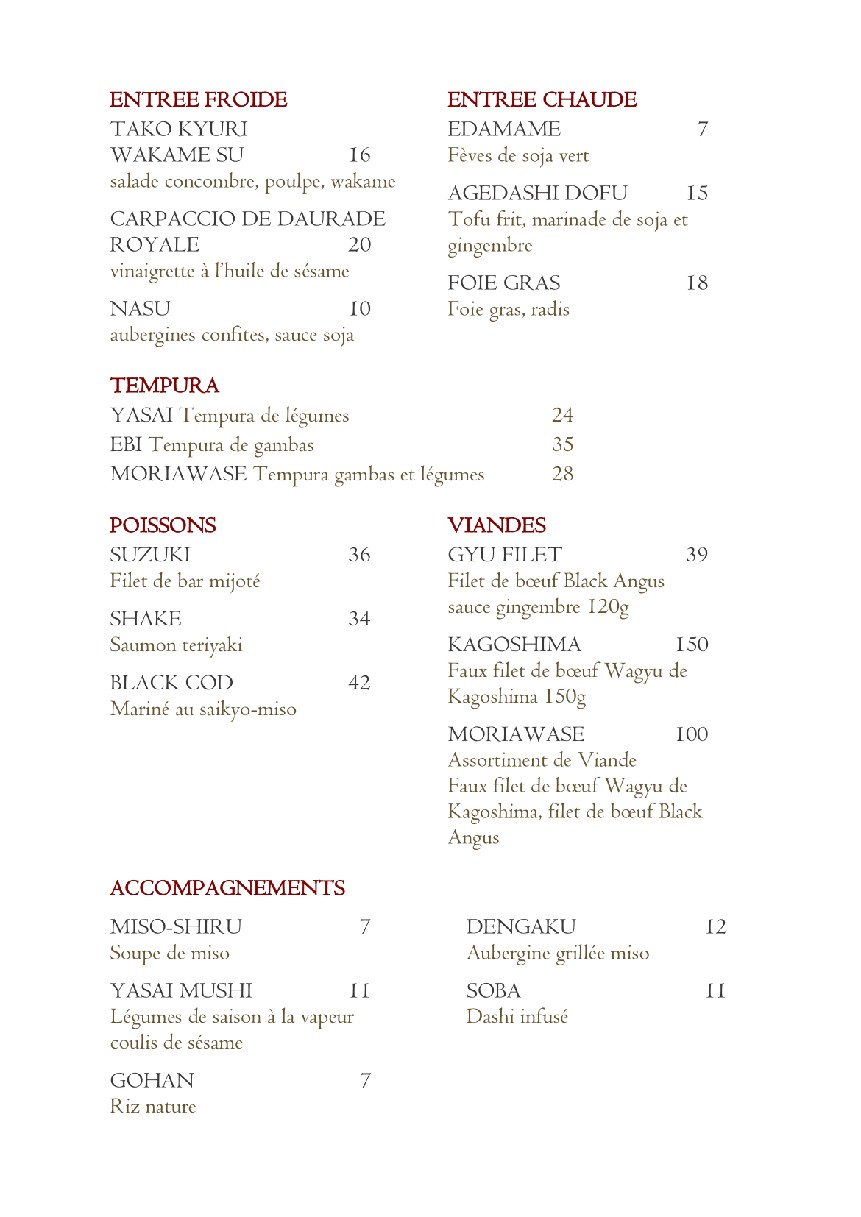 Benkay Washoku - Hôtel Novotel Tour Eiffel menu 2