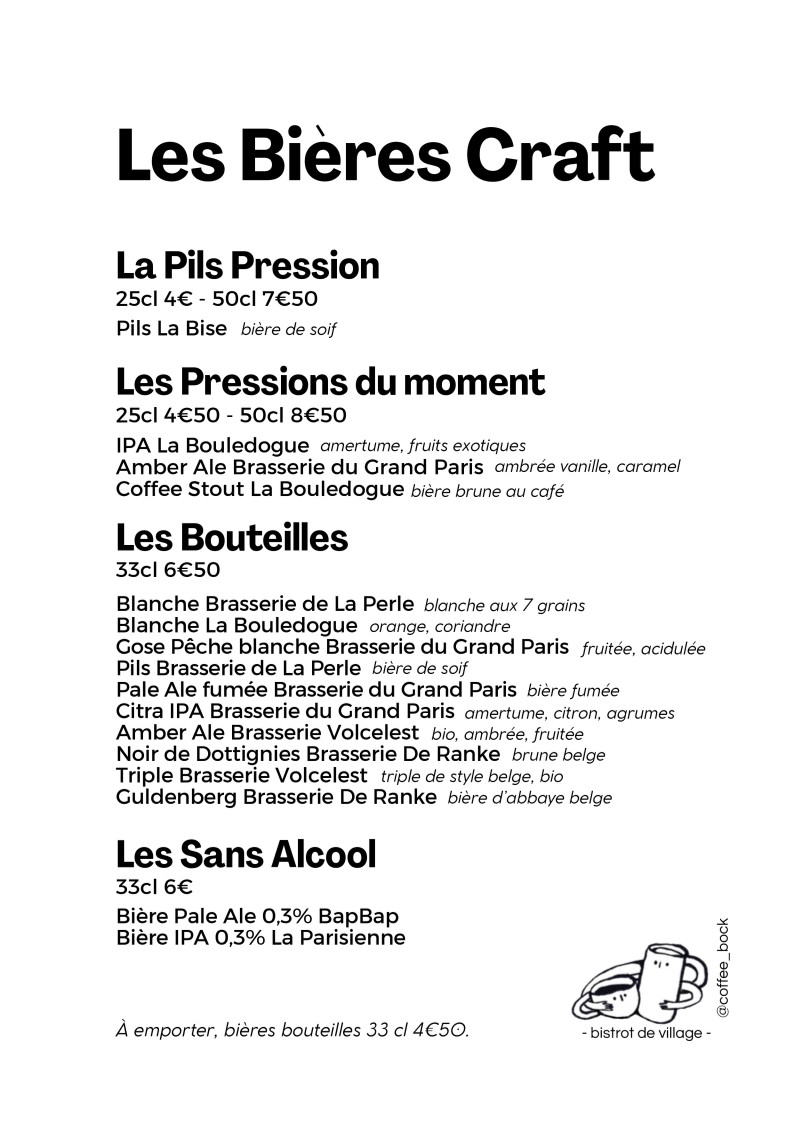 Le COFFEE BOCK - bistrot de Village à Montreuil menu 3