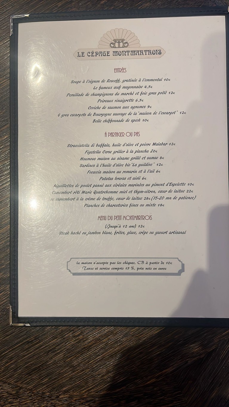 Le Cépage Montmartrois menu 1