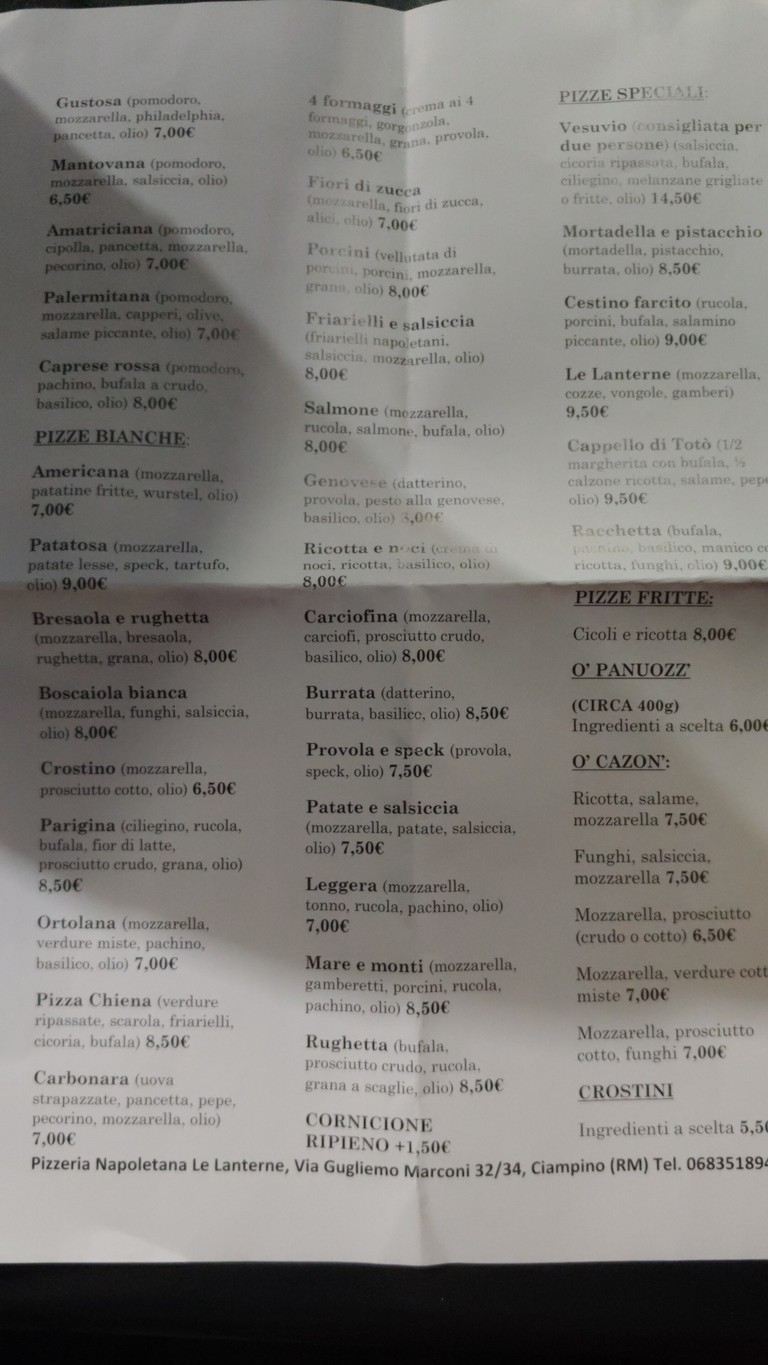 Pizzeria Napoletana Le Lanterne menu 1