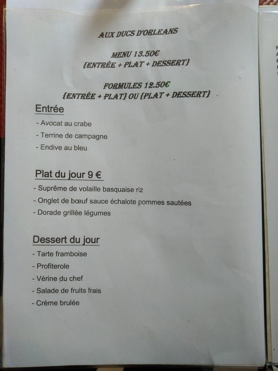 Aux Ducs d'Orléans menu 1